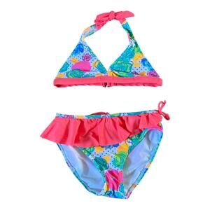 Girls 10 Breaking Waves Neon Colorful Floral Ruffle Halter Swim Bikini Set